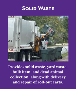Solid Waste Banner. Shows picture of garbage truck lifting a waste roll-out cart.